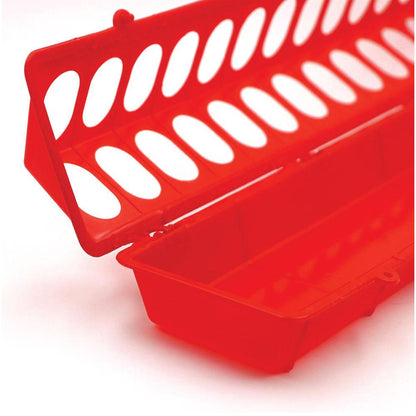 50cm Red Poultry Feeder - Plastic Flip Top Trough with Hinged Opening