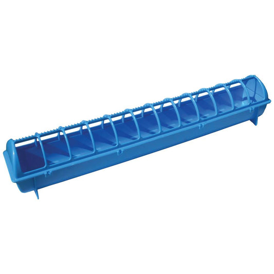 68cm Blue Poultry Feeder with Guard - Plastic Flip Top Trough for Chickens & Birds