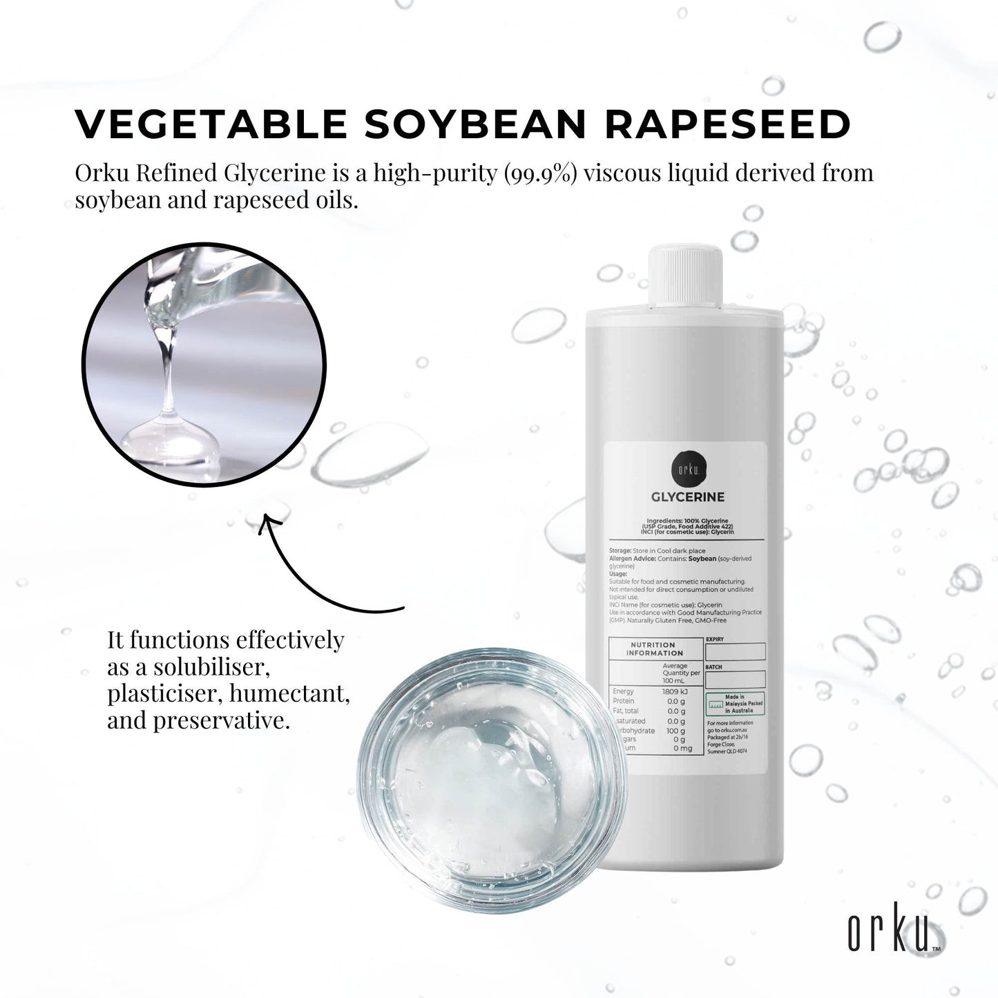 Orku 250ml Glycerine 99.9% Pure USP Food + Cosmetic Grade – Vegetable Glycerol