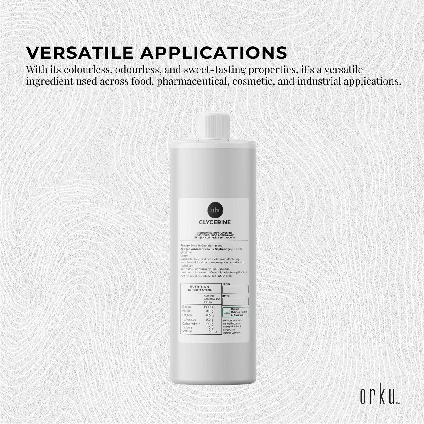 Orku 1L Glycerine 99.9% Pure USP Food + Cosmetic Grade – Vegetable Glycerol