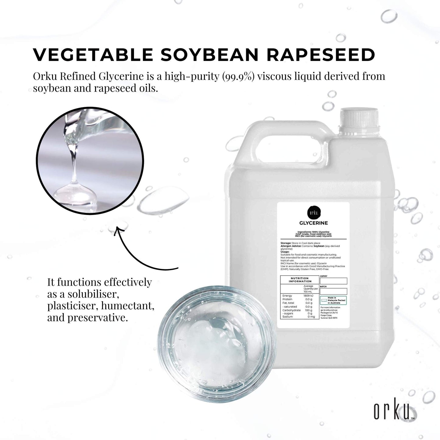 Orku 5L Glycerine 99.9% Pure USP Food + Cosmetic Grade – Vegetable Glycerol