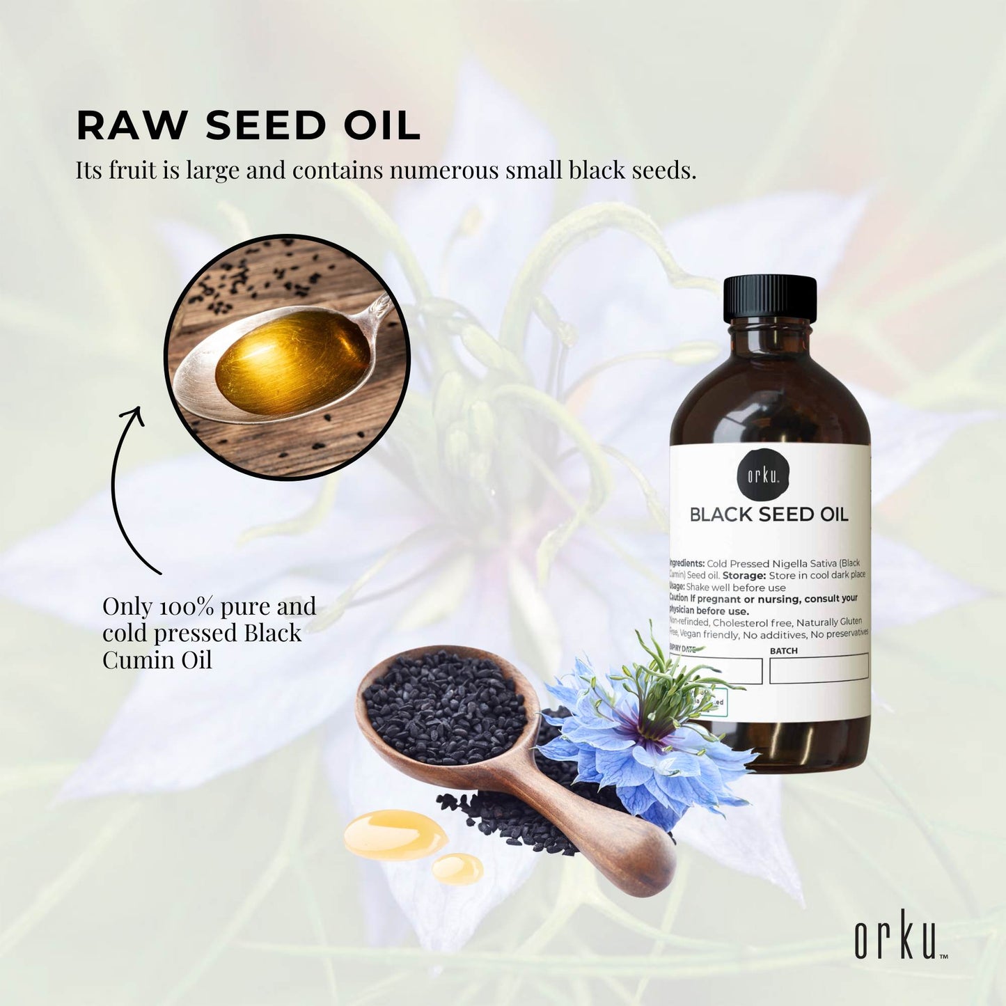 Orku 100ml Pure Ethiopian Black Seed Oil - Cold Pressed, Non-Refined, Vegan