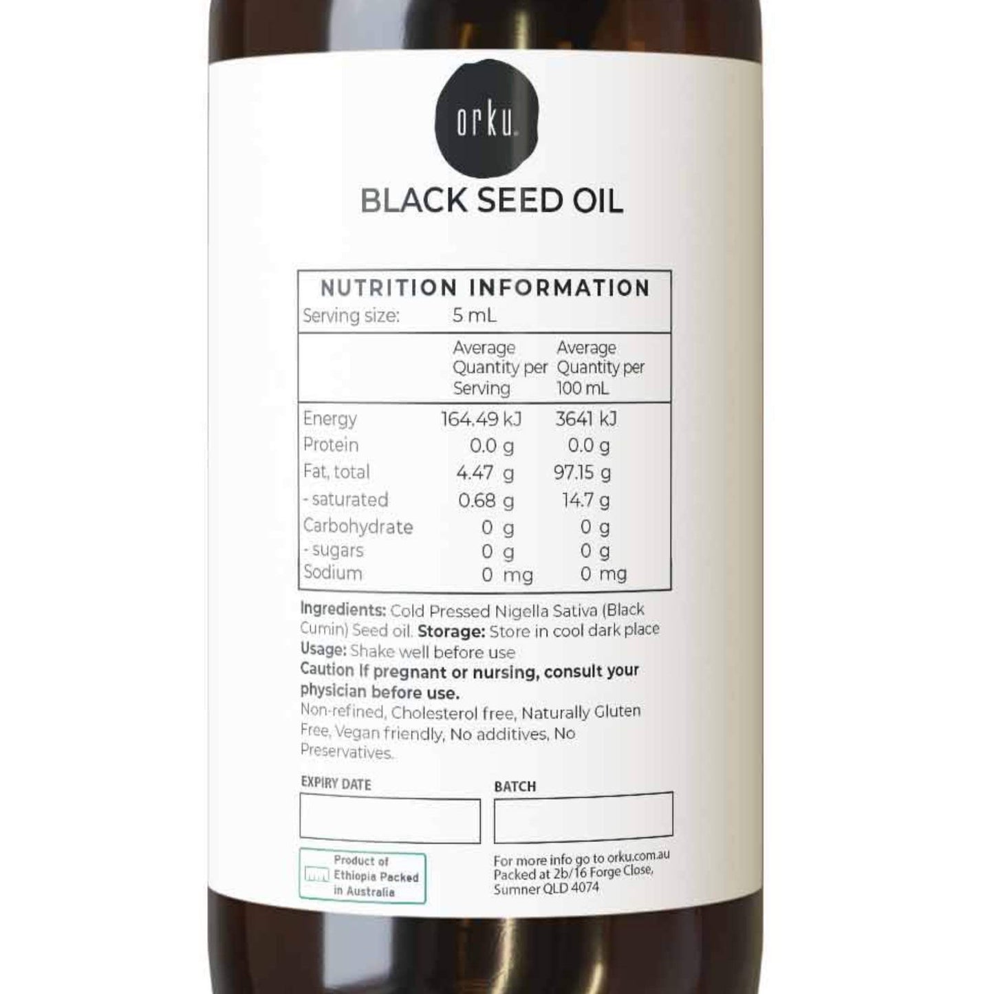 Orku 25ml Pure Ethiopian Black Seed Oil - Cold Pressed, Non-Refined, Vegan