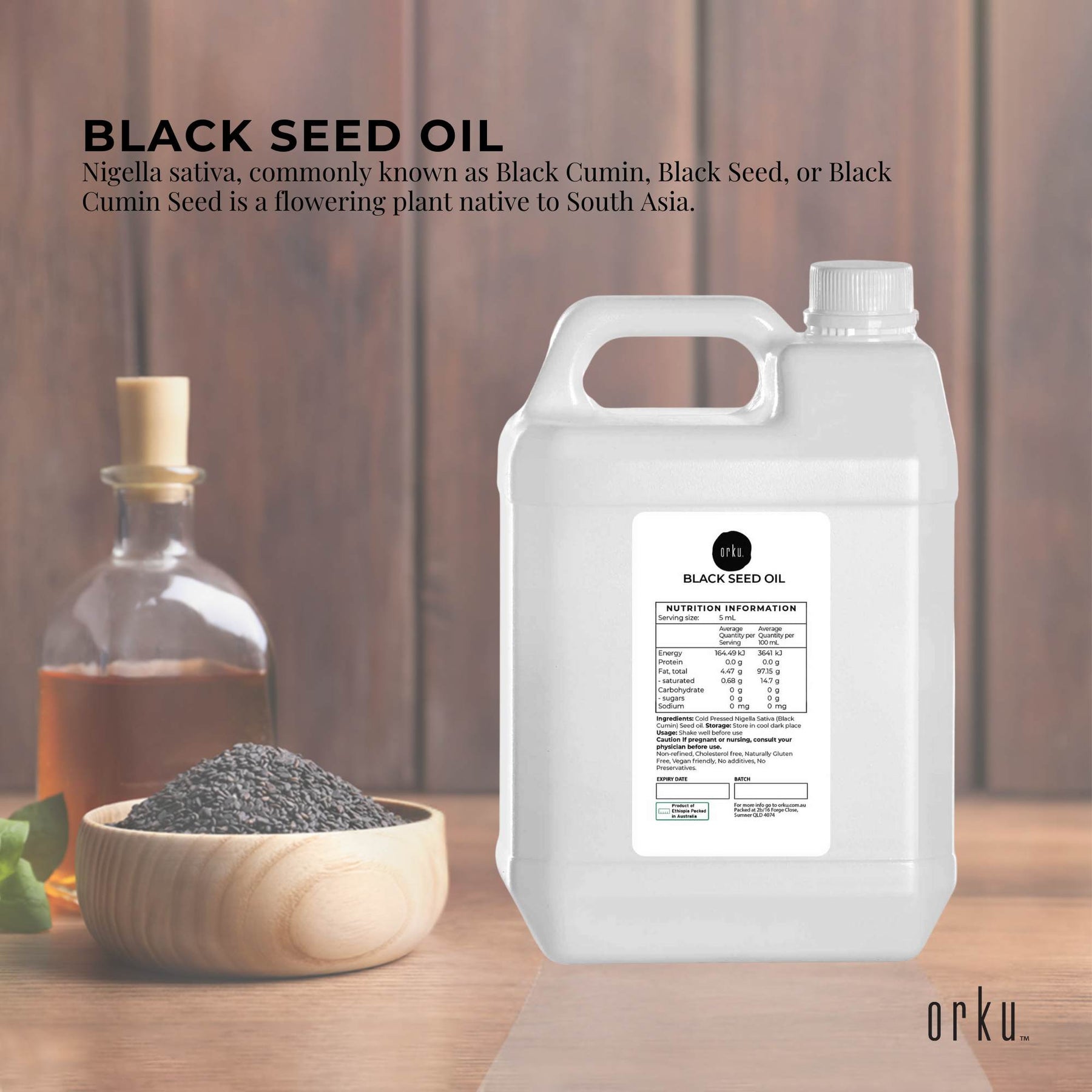 Orku 5L Pure Black Seed Oil - 100% Ethiopian Cold Pressed, Non-Refined, Vegan - SuperSaverAU - view 2