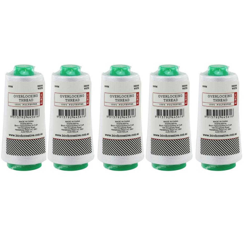 Birch White Polyester Overlocking Thread 2000m - 5 Pack
