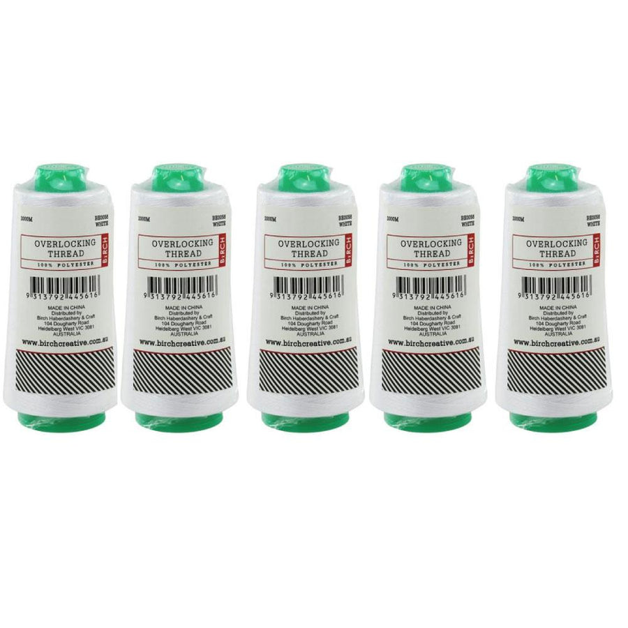 Birch White Polyester Overlocking Thread 2000m - 5 Pack