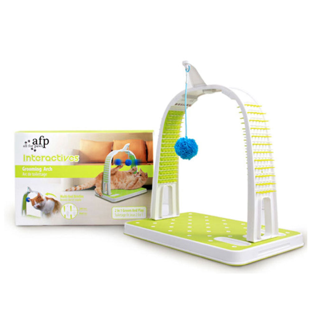 All For Paws Grooming Arch - L 22.4 x W 33.4 x H 32 - Multi-Feel Bristles, Catnip Board, 2 Toys