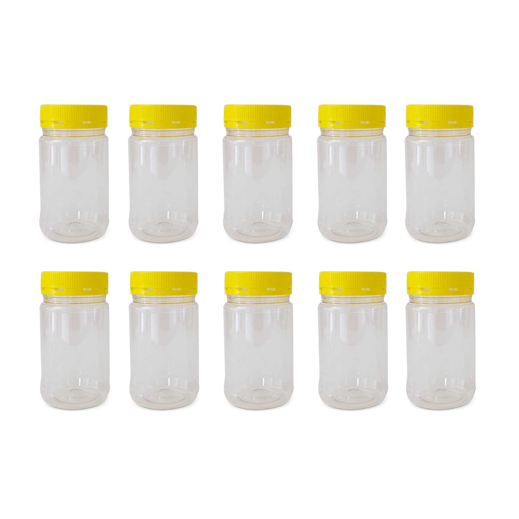 500g Round Clear Plastic Food Grade Jars with Yellow Tamper Evident Lids - 10 Pack - SuperSaverAU - view 1