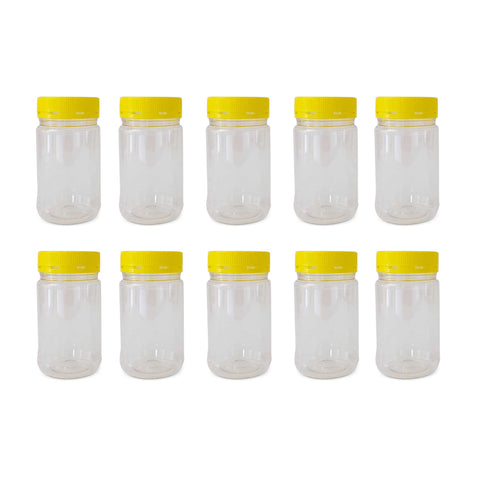 500g Round Clear Plastic Food Grade Jars with Yellow Tamper Evident Lids - 10 Pack - SuperSaverAU - view 1