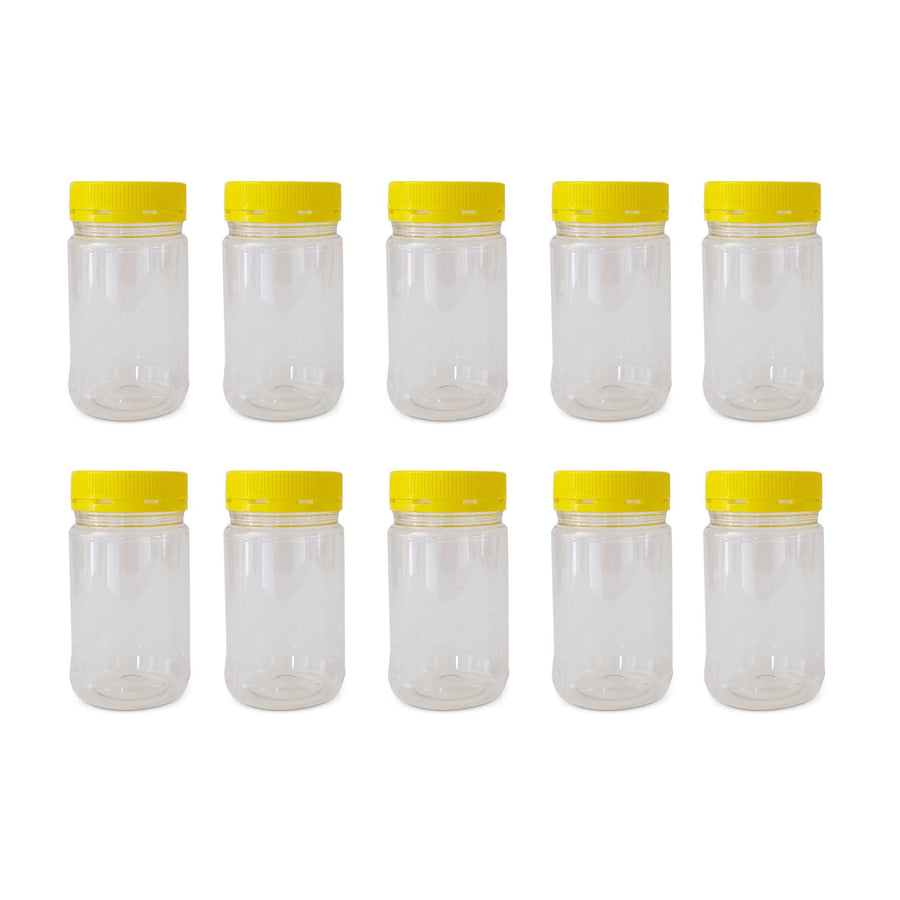 500g Round Clear Plastic Food Grade Jars with Yellow Tamper Evident Lids - 10 Pack - SuperSaverAU - view 1
