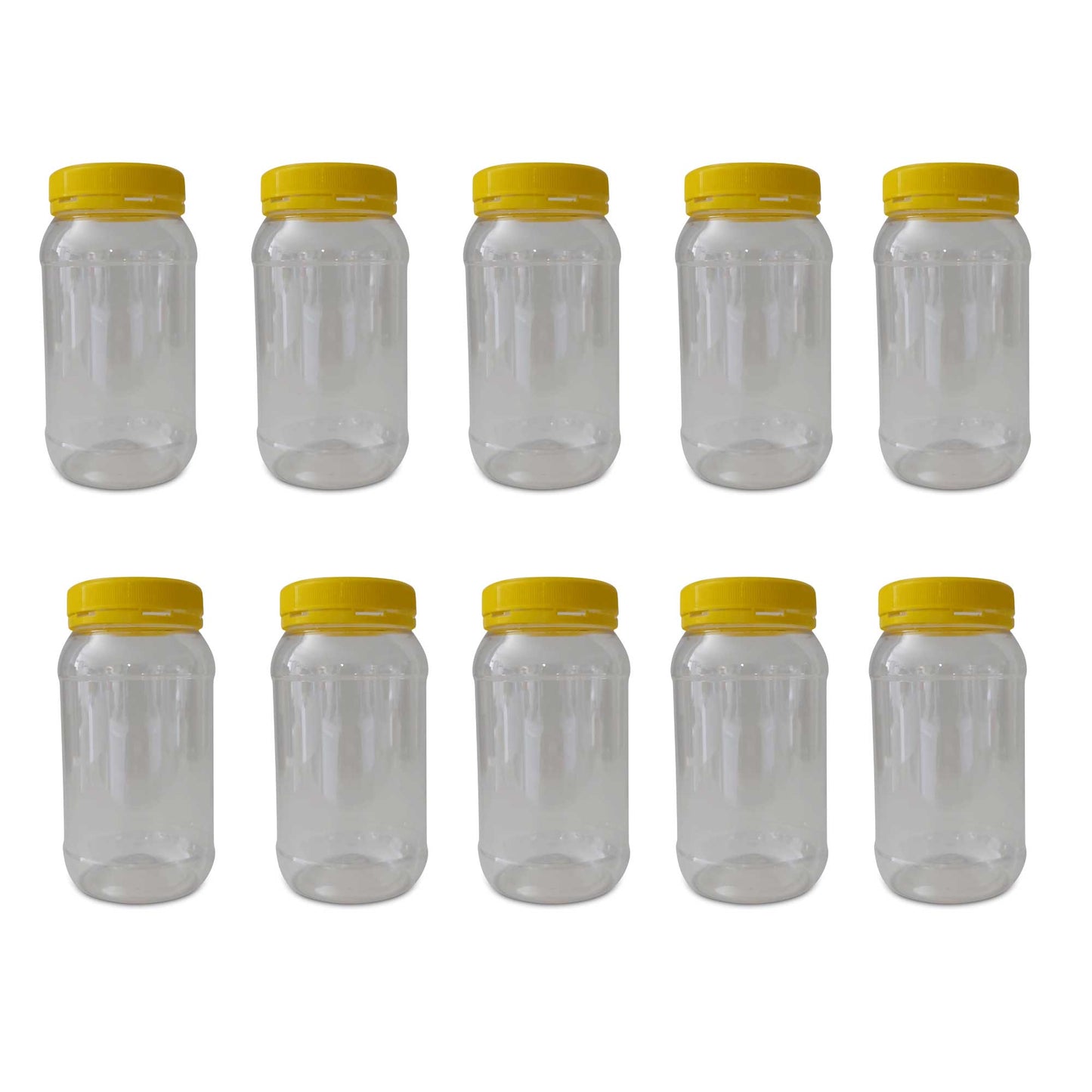 Clear Round Plastic Food Grade Jars 1000g with Yellow Tamper Evident Lids - 10 Pack
