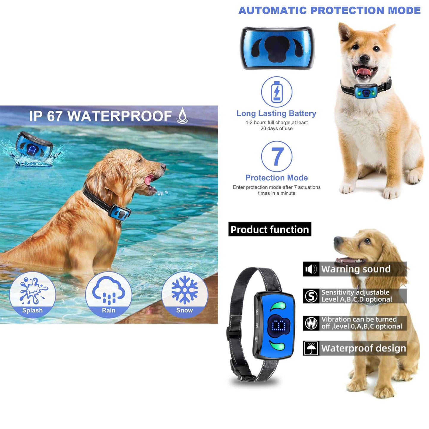 Dog Bark Collar - Vibration, Magnetic Charging, Waterproof, Smart Detection, Adjustable for 3-55kgs