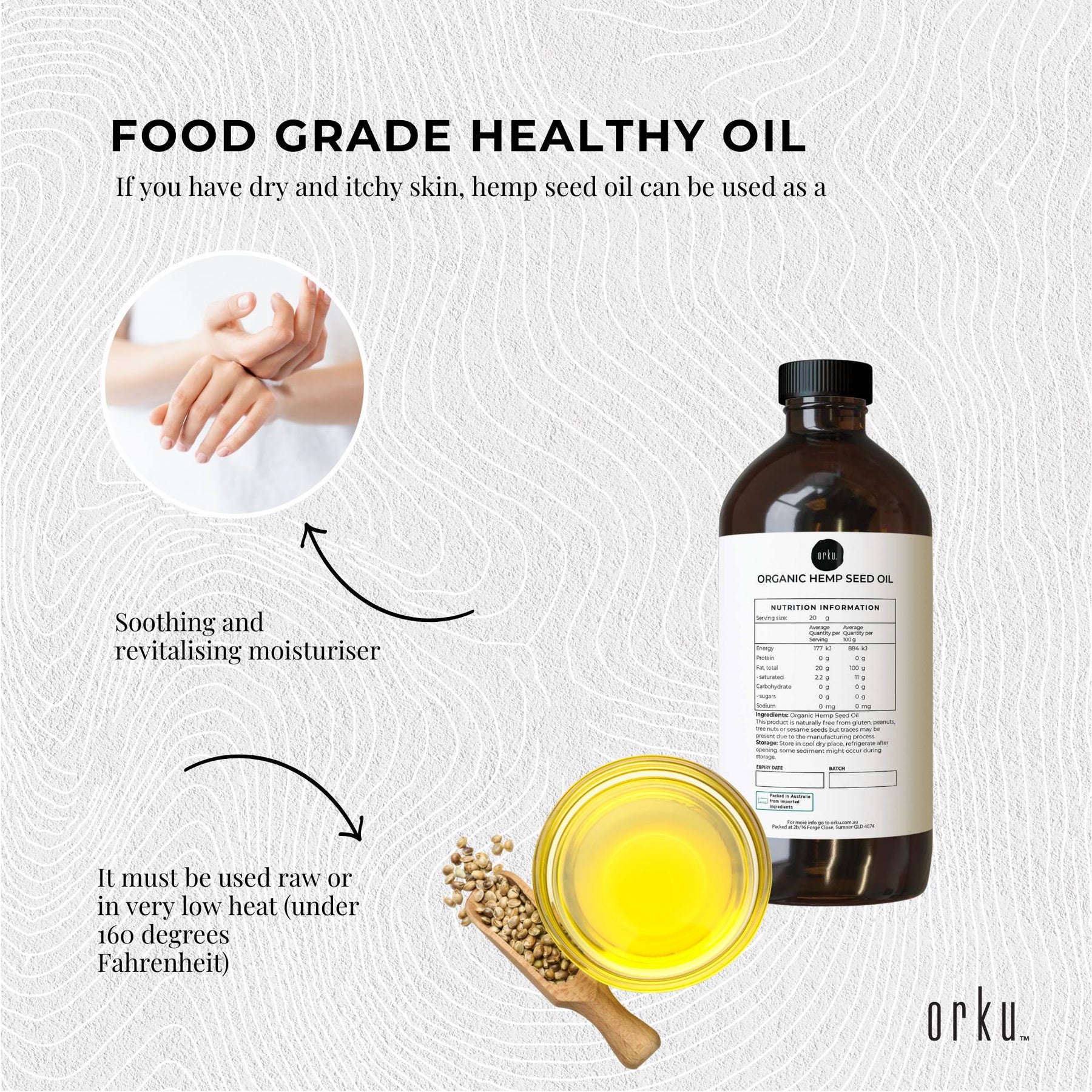Orku 1L Organic Hemp Seed Oil - Cold Pressed Food Grade Oils - SuperSaverAU - view 3