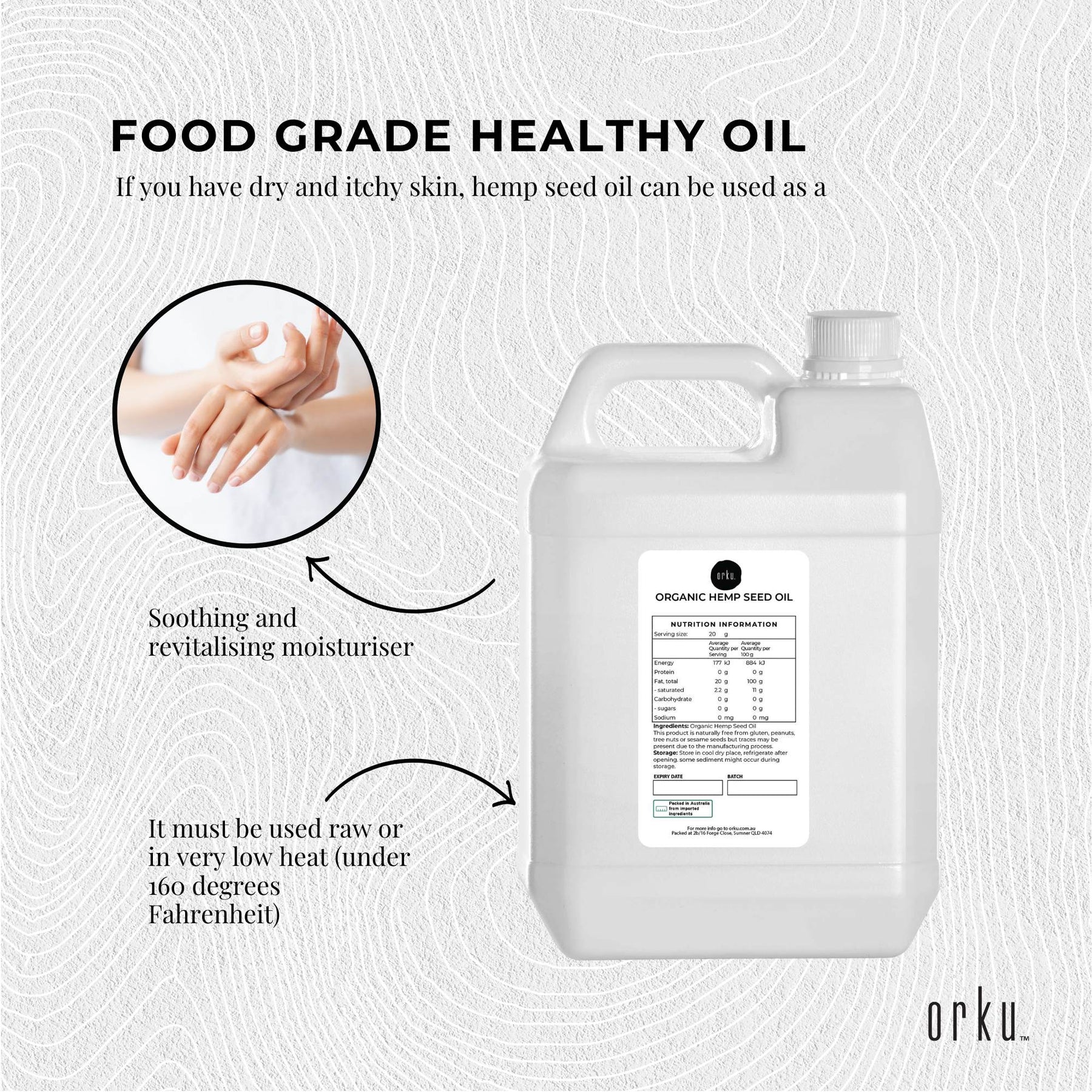 Orku 5L Organic Hemp Seed Oil - Cold Pressed Food Grade Oils - SuperSaverAU - view 3
