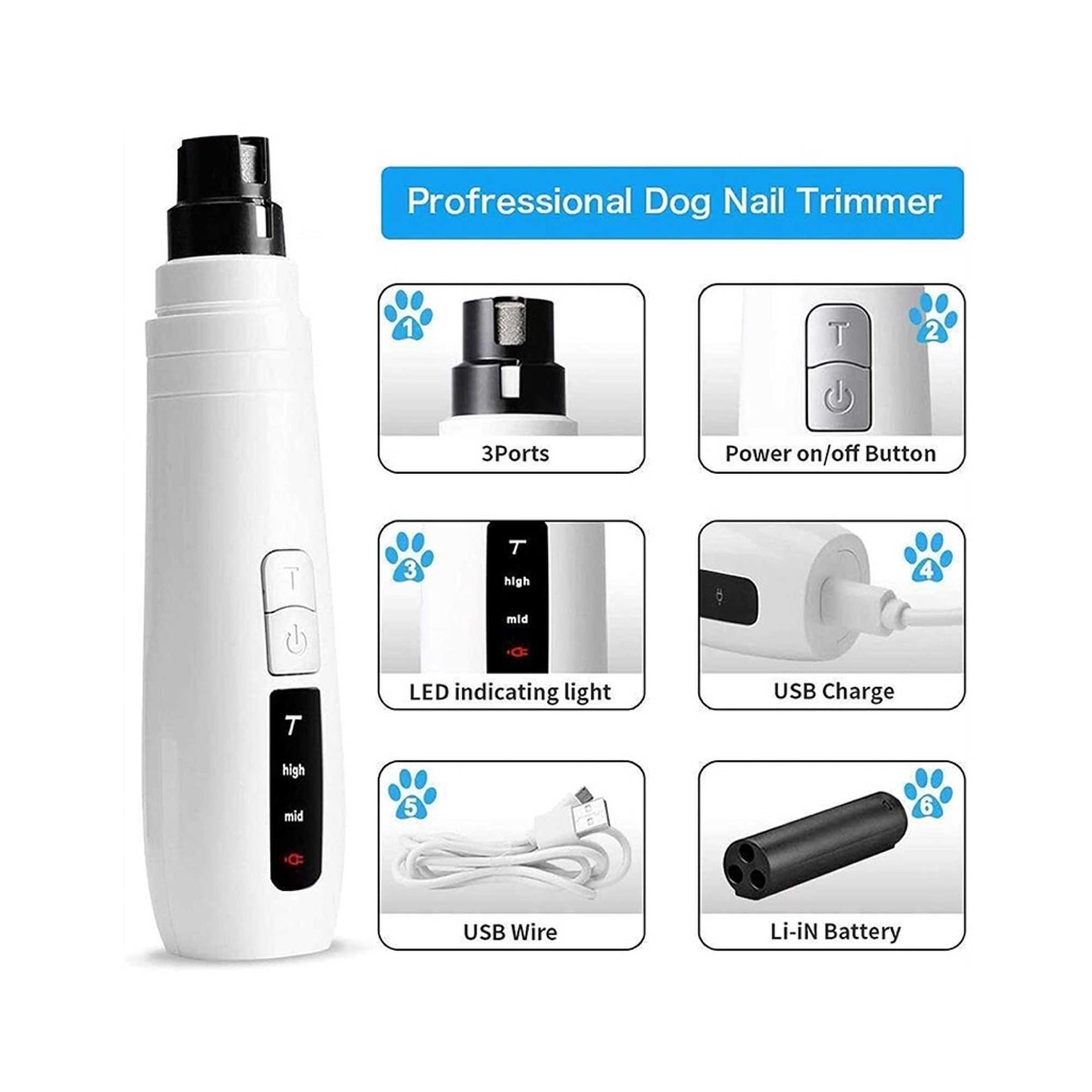 Professional Pet Nail Grinder Electric Trimmer USB Rechargeable 8hrs Cordless