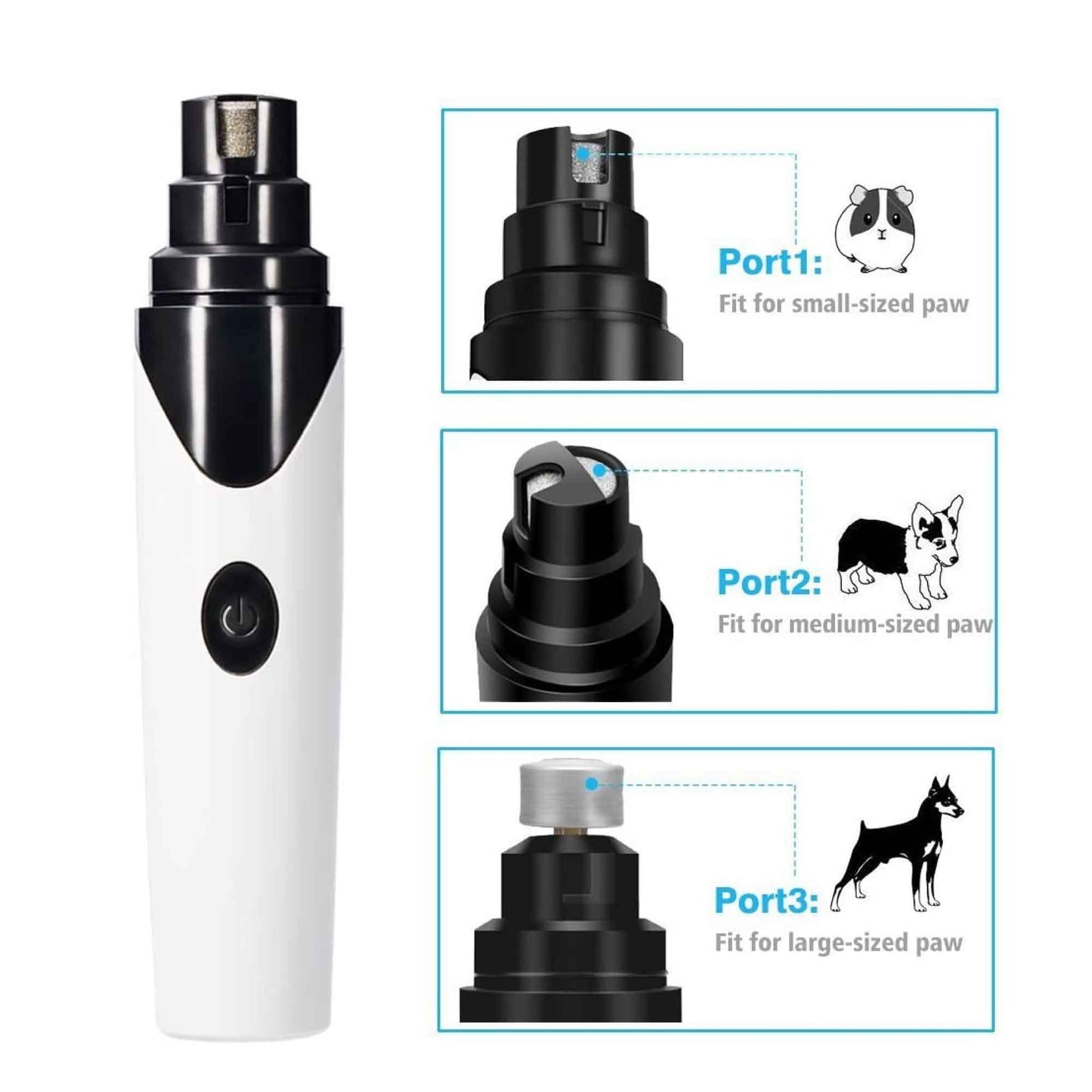 Pet Nail Grinder Electric Trimmer Rechargeable Clipper for Dogs & Cats - 3 Ports, Low Noise