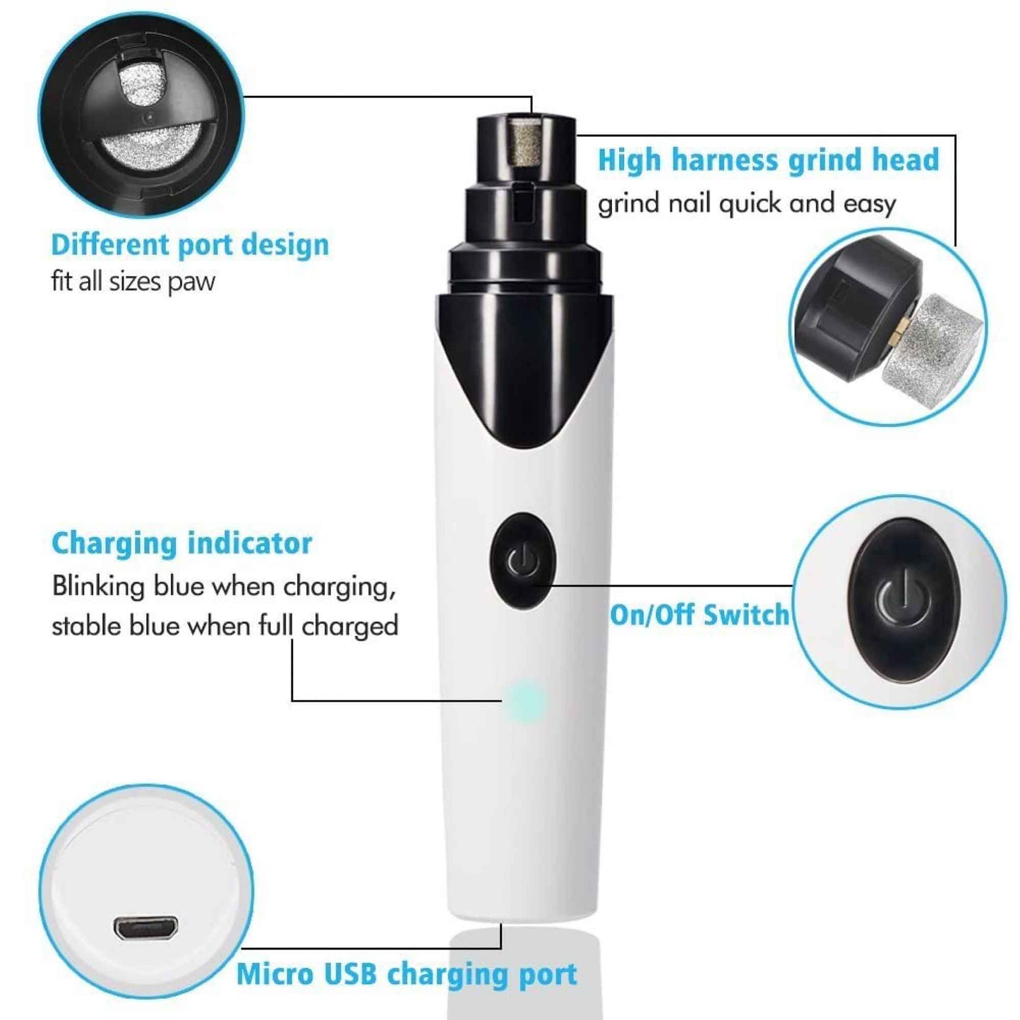 Pet Nail Grinder Electric Trimmer Rechargeable Clipper for Dogs & Cats - 3 Ports, Low Noise