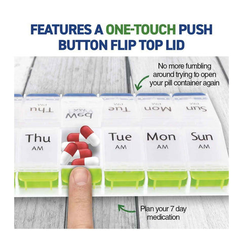 1st Care AM/PM Weekly Pill Box 14 Compartments 11.5x22x1.5cm Push-Button Organiser - SuperSaverAU - view 1