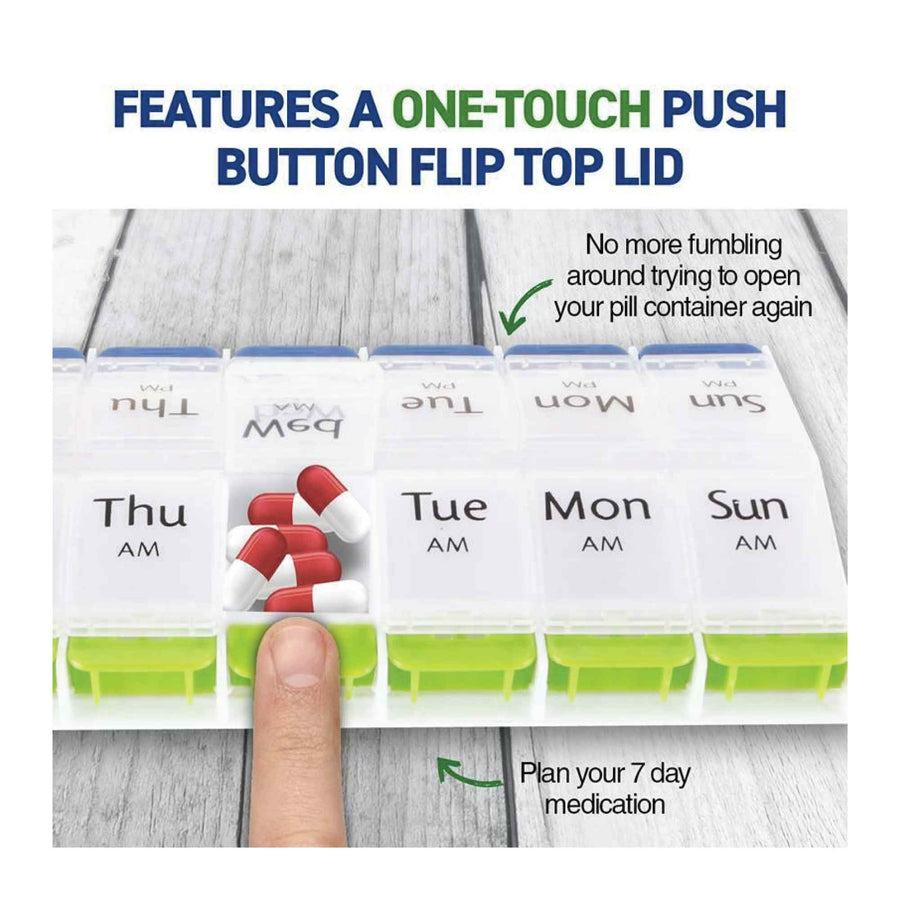 1st Care AM/PM Weekly Pill Box 14 Compartments 11.5x22x1.5cm Push-Button Organiser - SuperSaverAU - view 1