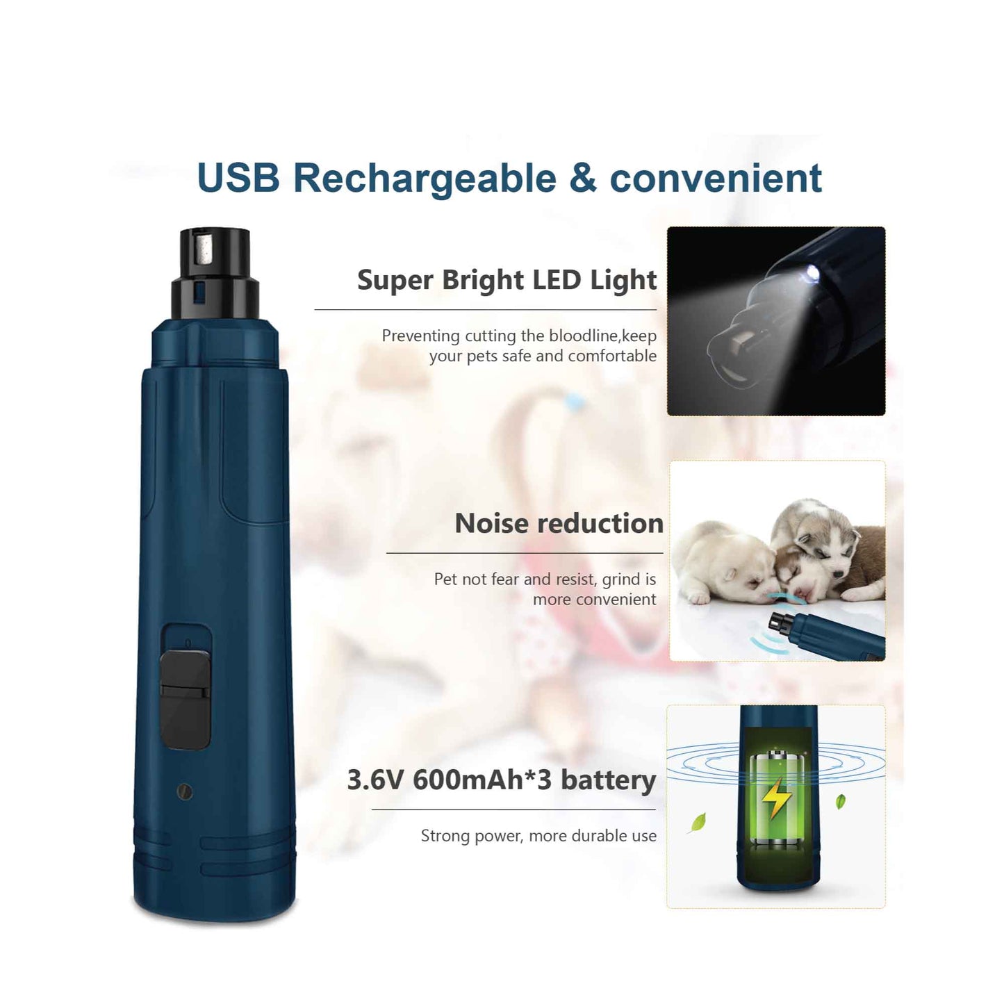 Professional Pet Nail Grinder - LED Light, 2-Speed, Rechargeable, Cordless, Blue