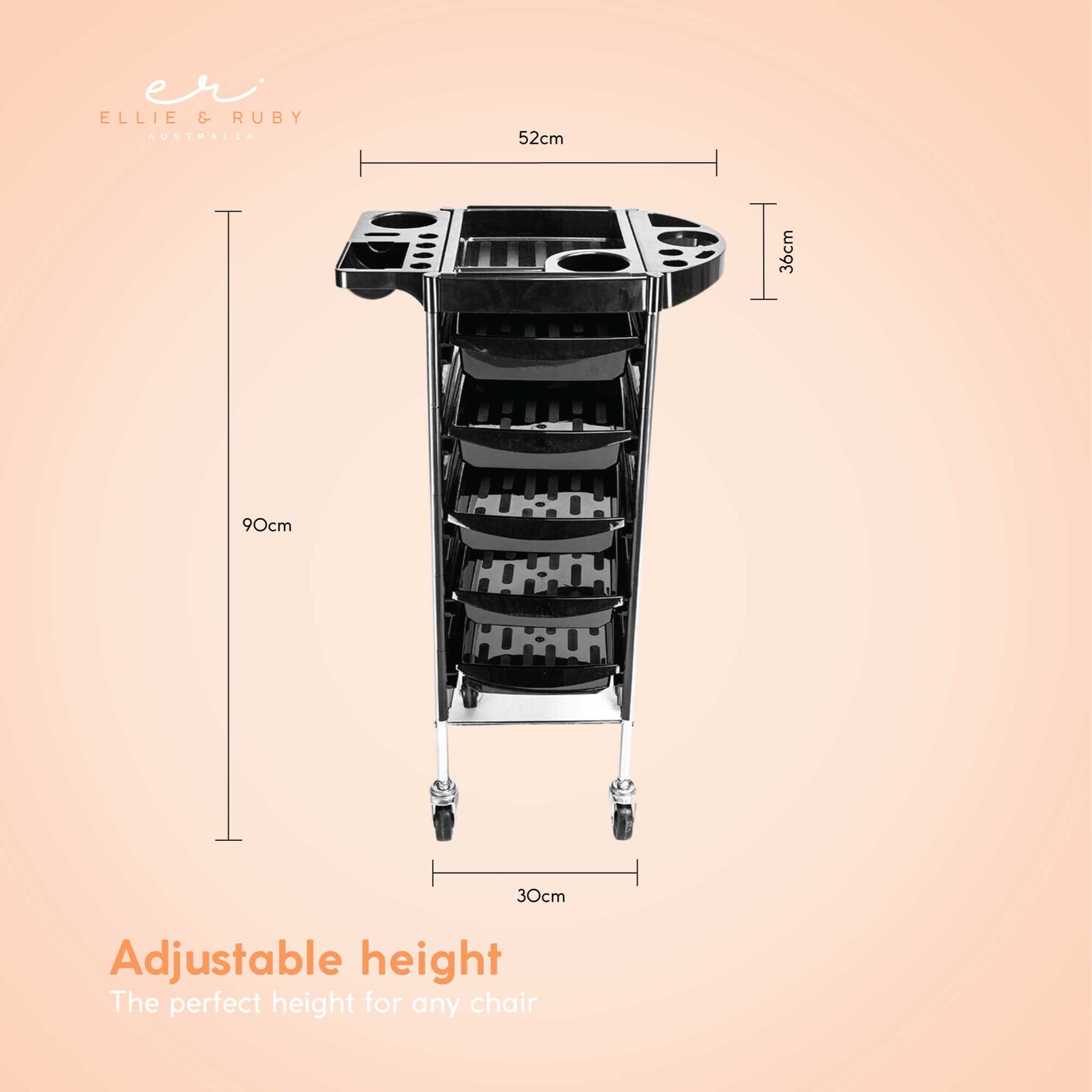 5 Drawer Salon Trolley Black 90x52x36cm Mobile Beauty Rolling Cart - SuperSaverAU - view 2