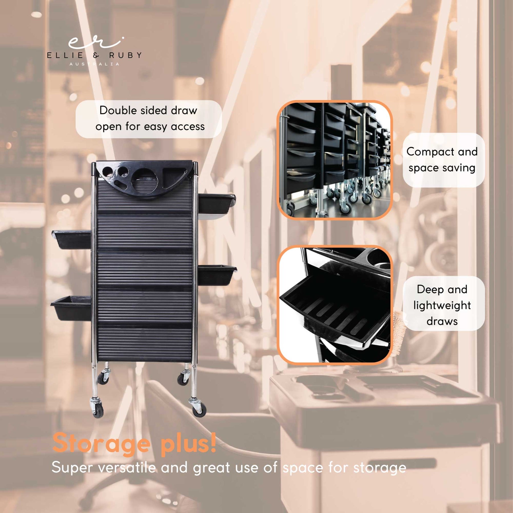 5 Drawer Salon Trolley Black 90x52x36cm Mobile Beauty Rolling Cart - SuperSaverAU - view 5