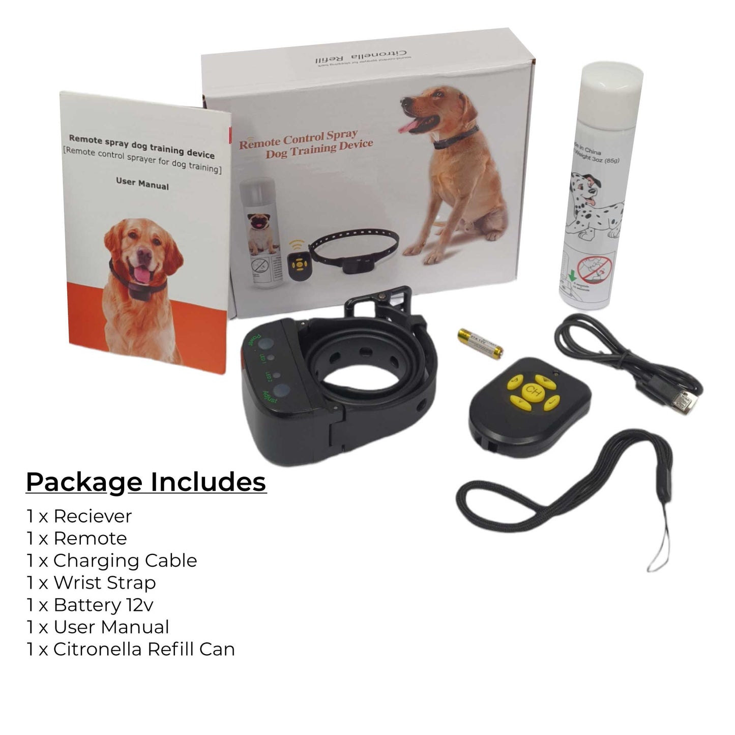 Anti Bark Citronella Training Collar - Rechargeable, Remote, 80m Range, 85g Refill