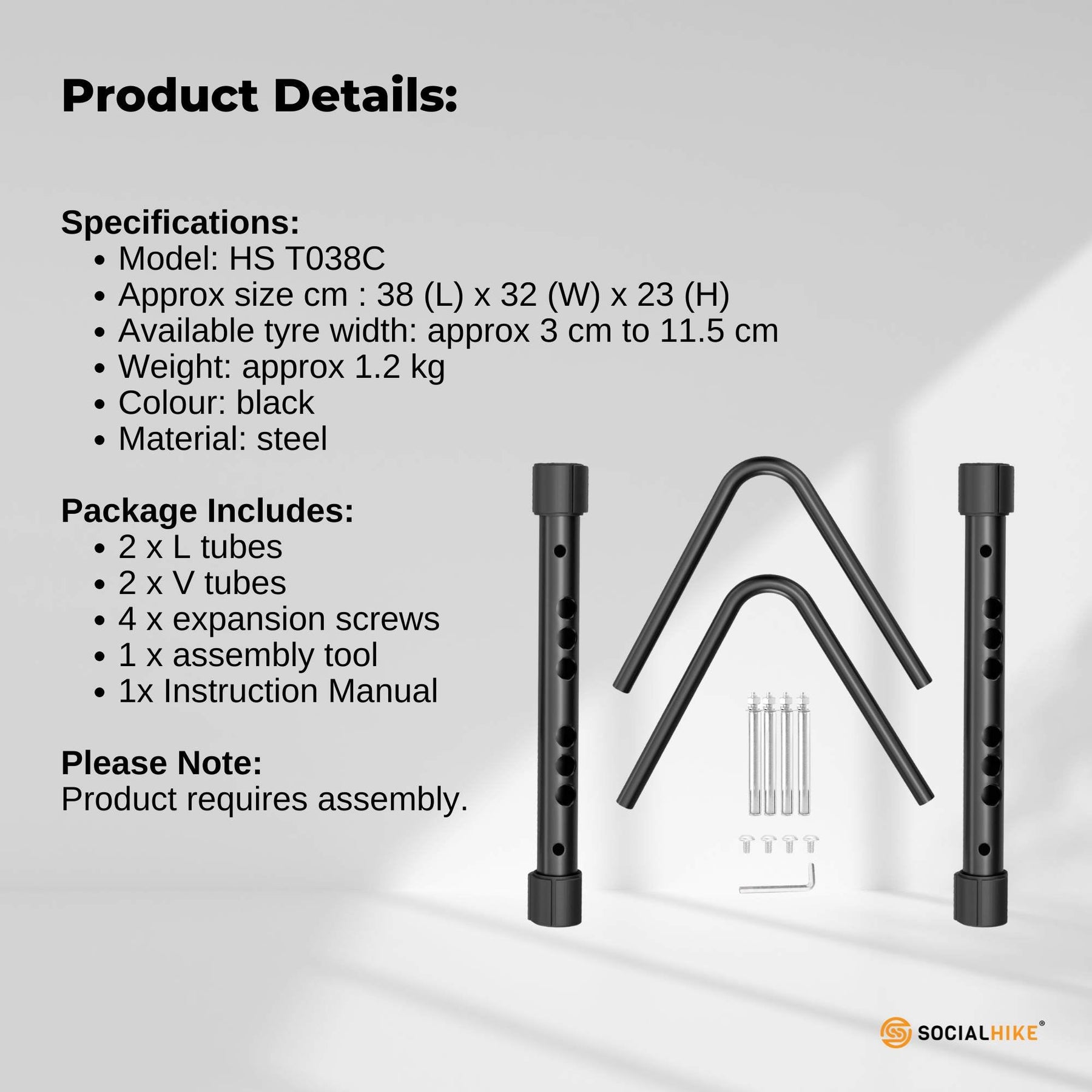Social Hike Single Bike Rack Stand with Adjustable Rubber Feet - Black