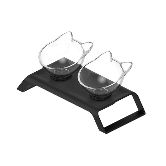 Elevated Cat Bowl Stand - Double Dinner 2x200ml Bowls, Matte Black, 32x14x14cm