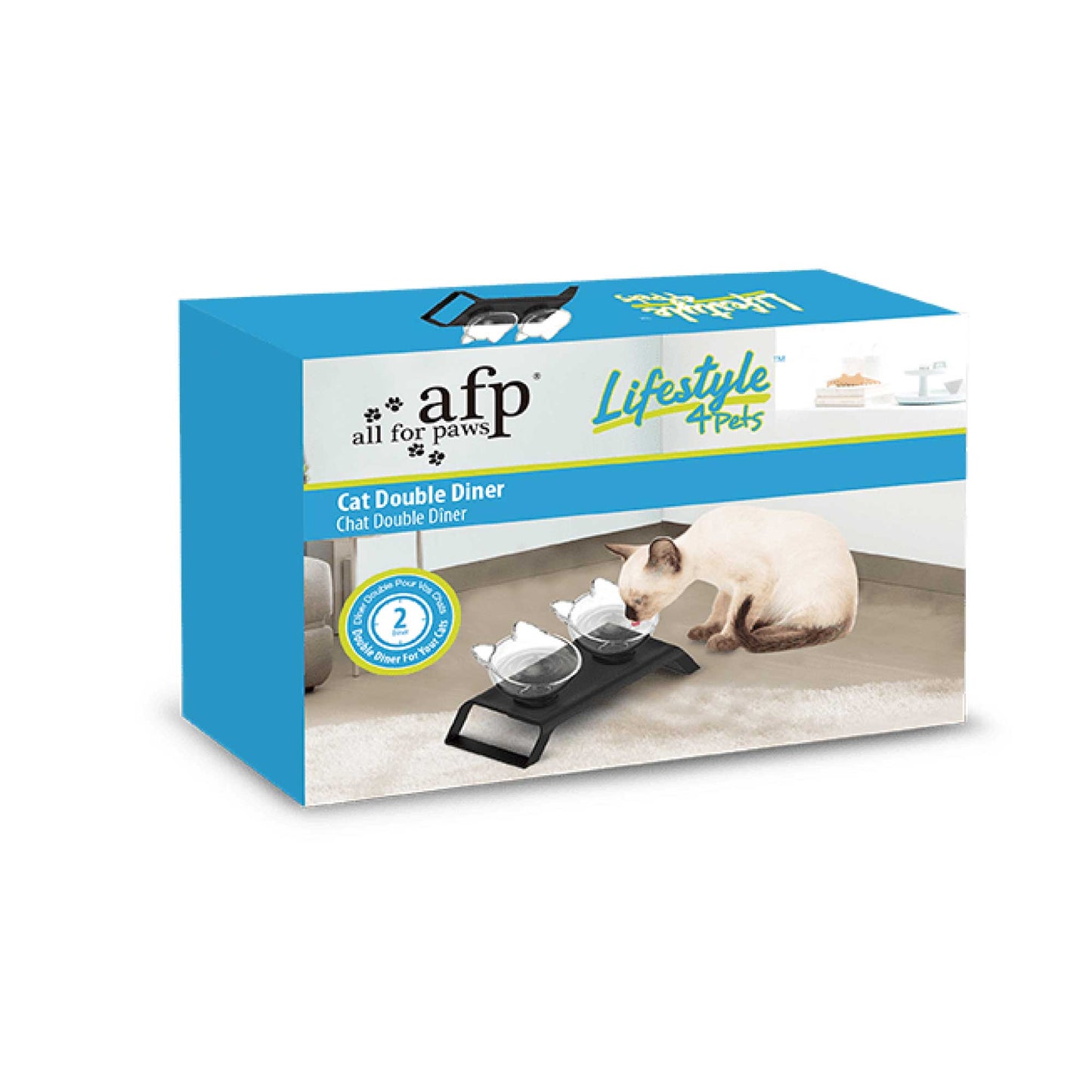 Elevated Cat Bowl Stand - Double Dinner 2x200ml Bowls, Matte Black, 32x14x14cm