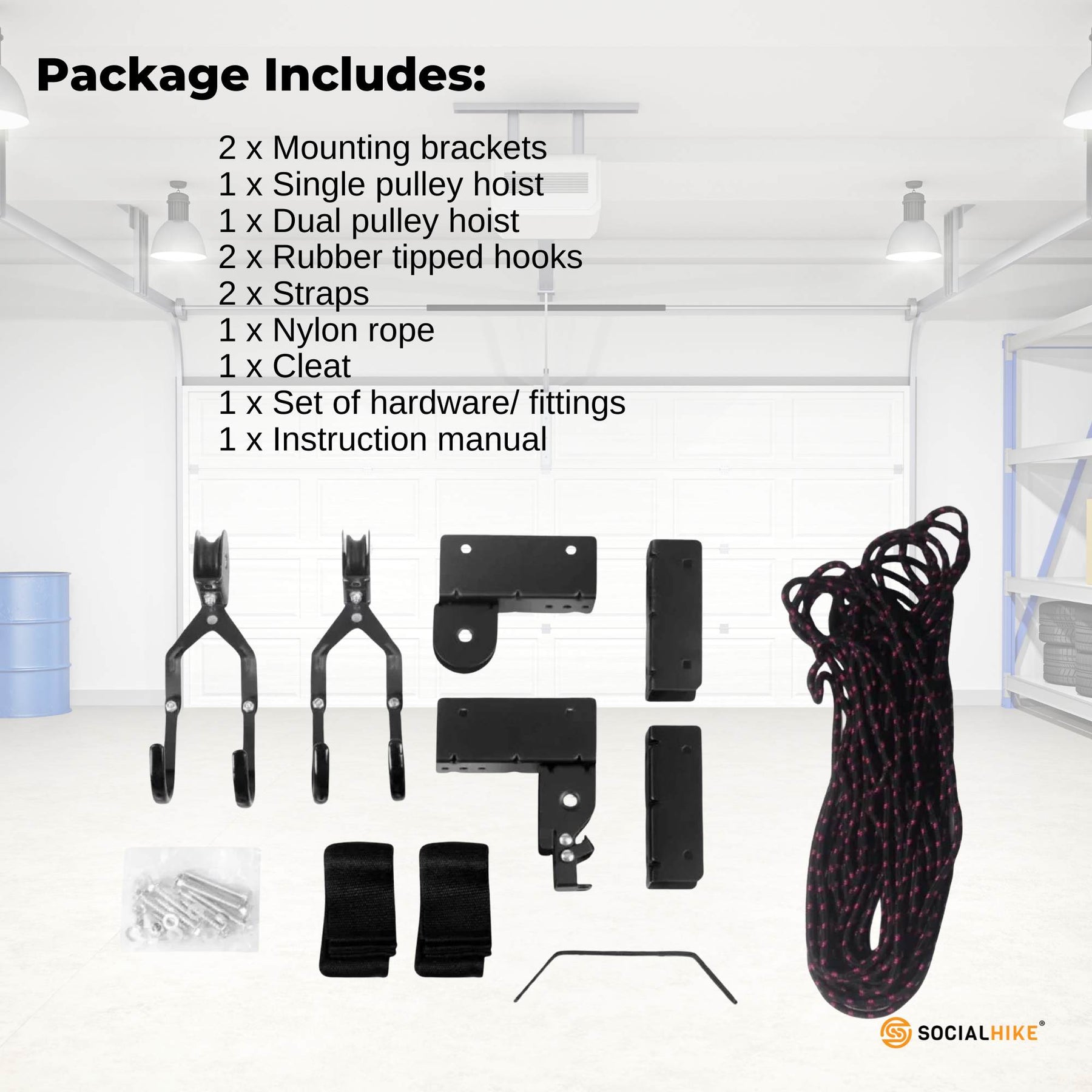 Social Hike Kayak Hoist Garage Ceiling Pulley Lift - 45kg