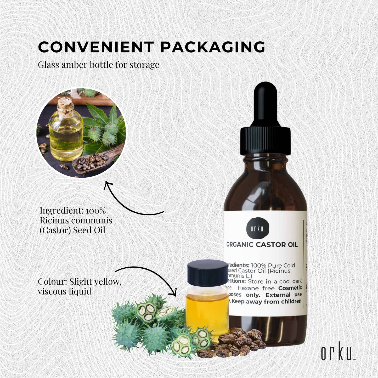Orku 25ml Organic Castor Oil - Hexane Free, Cold Pressed, Pure Dropper