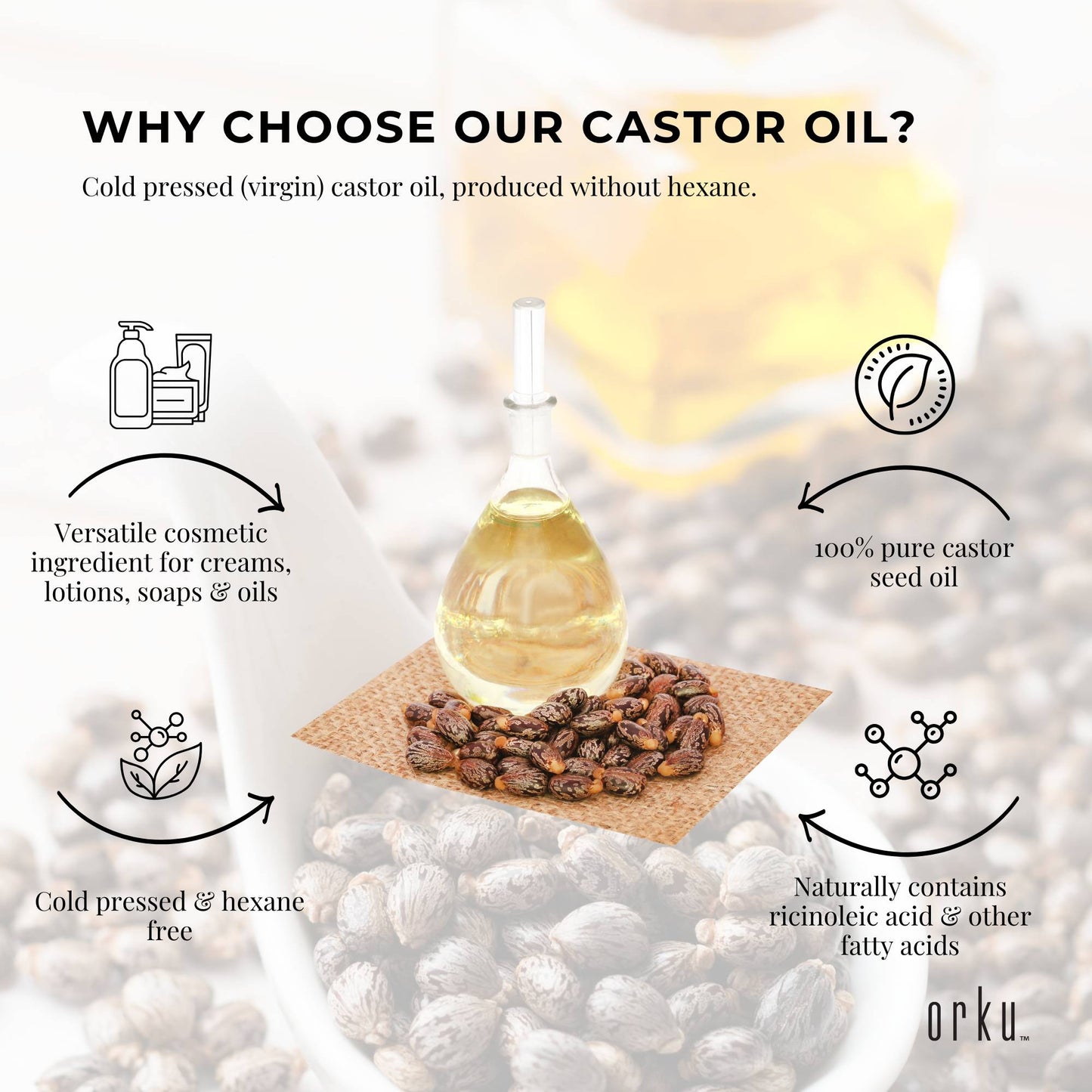 Orku 250ml Organic Castor Oil - Hexane Free, Cold Pressed, Rich in Antioxidants