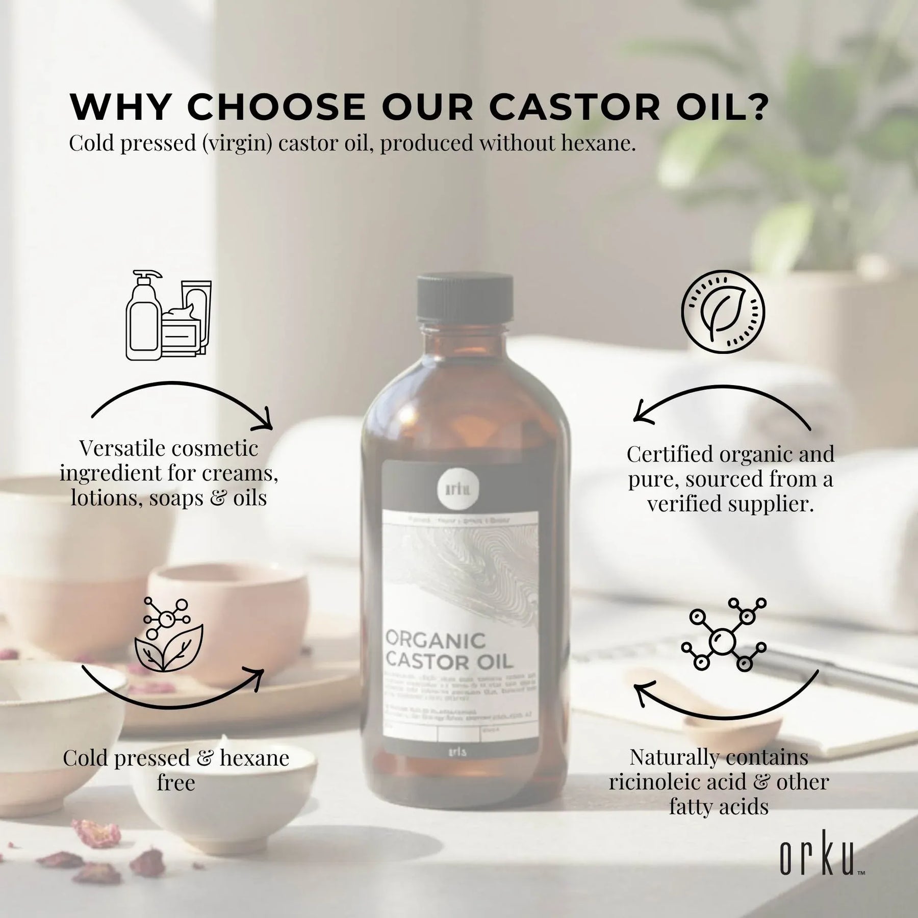 Orku 1L Organic Castor Oil - Hexane Free, Cold Pressed, Rich in Antioxidants