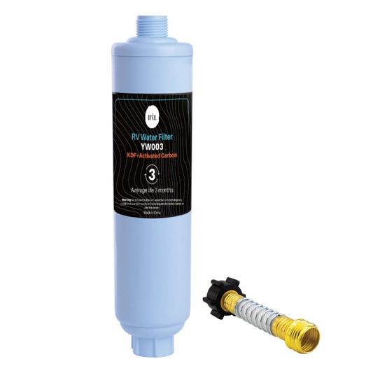 YW003 Inline RV Caravan Water Filter with Activated Carbon KDF Cartridge and Garden Hose Attachment