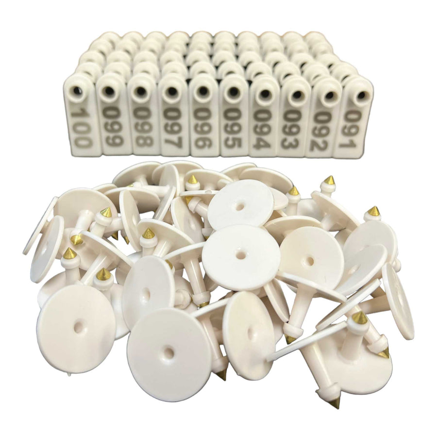 Numbered Mini Ear Tag Set 1-100 - 5x2cm White Cattle Sheep Pig Livestock - SuperSaverAU - view 1