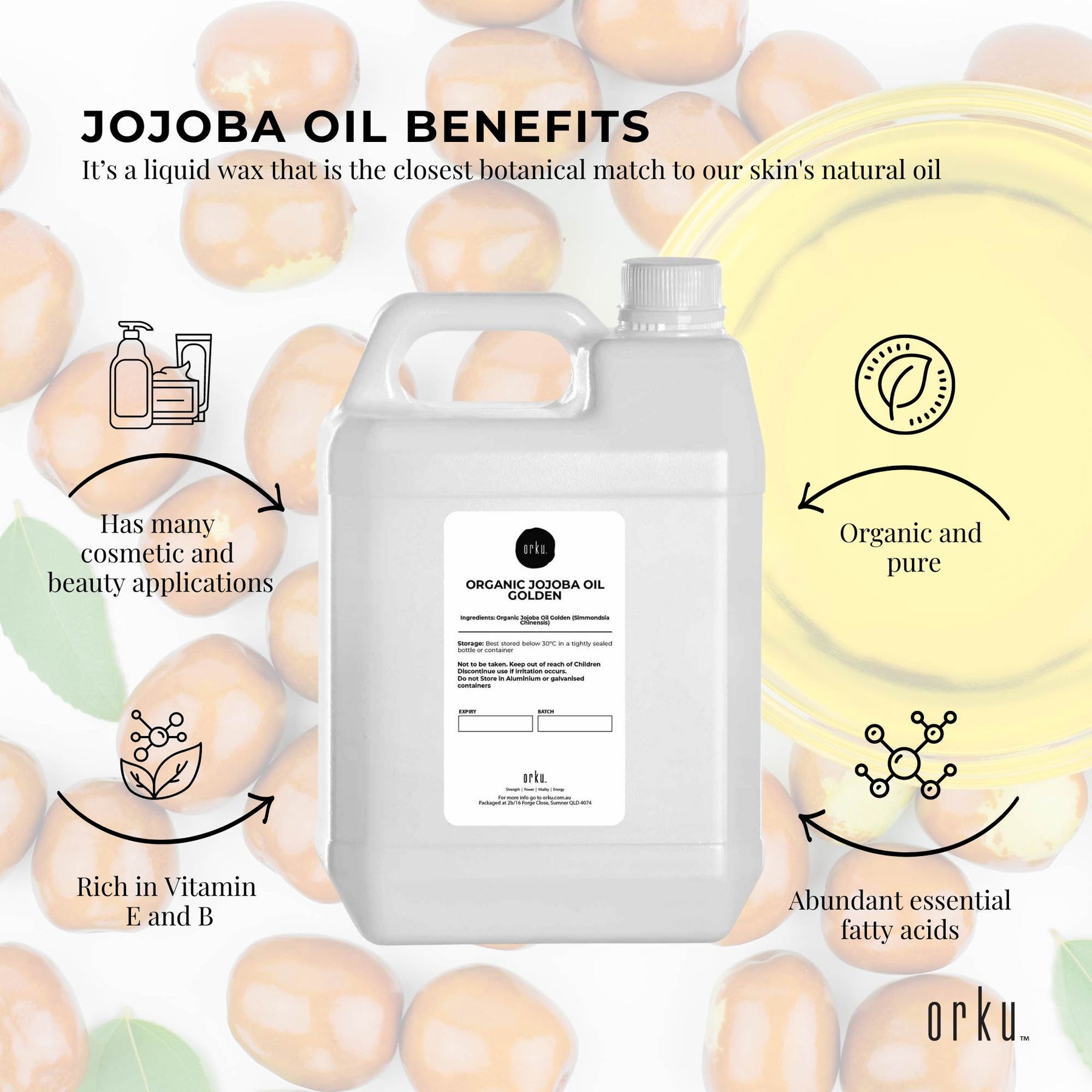 Premium Organic Golden Jojoba Oil 5L Pure Cold Pressed Carrier Oil for Skin Hair Nails