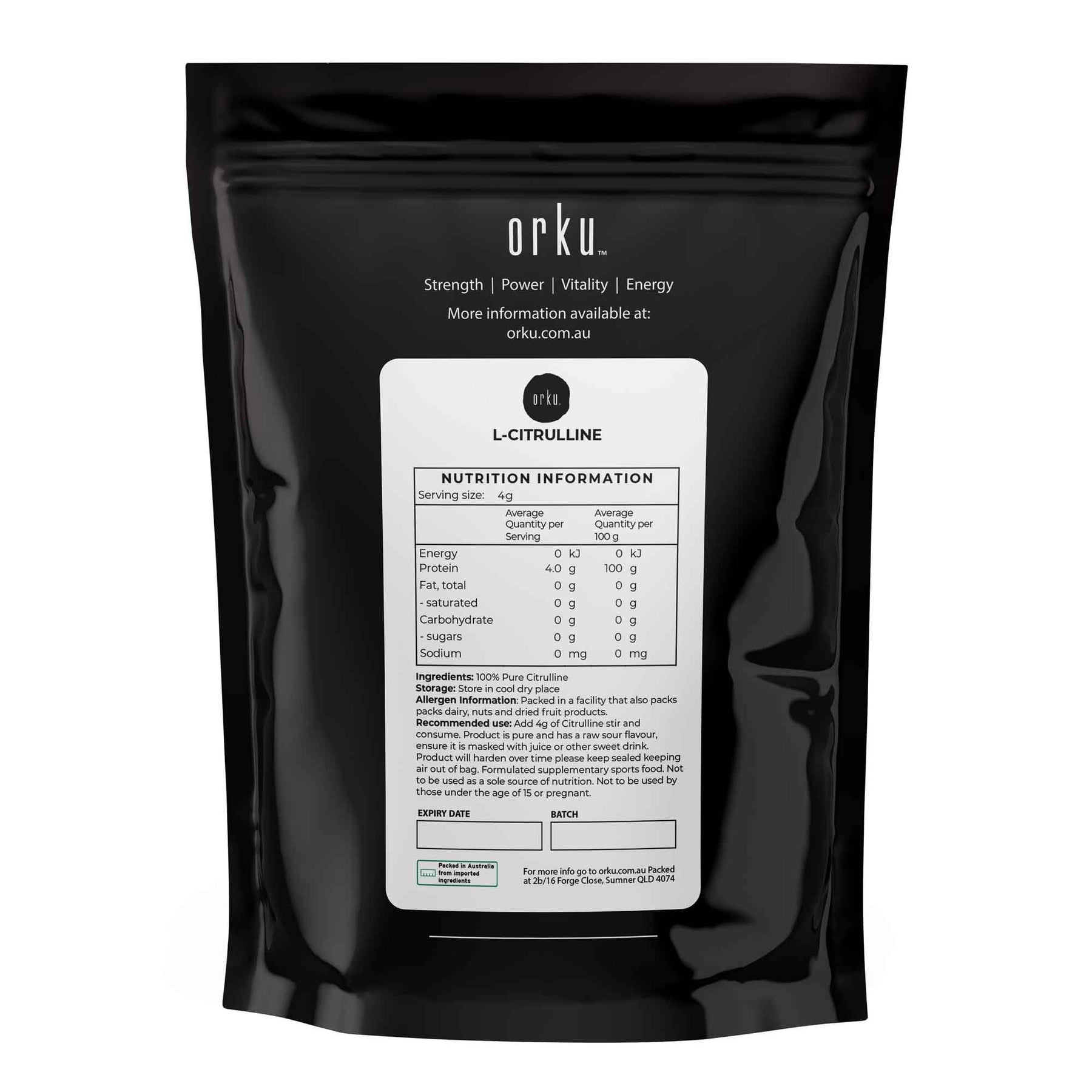 Orku L-Citrulline Powder 100g - 100% Pure Amino Acid for Active Lifestyle