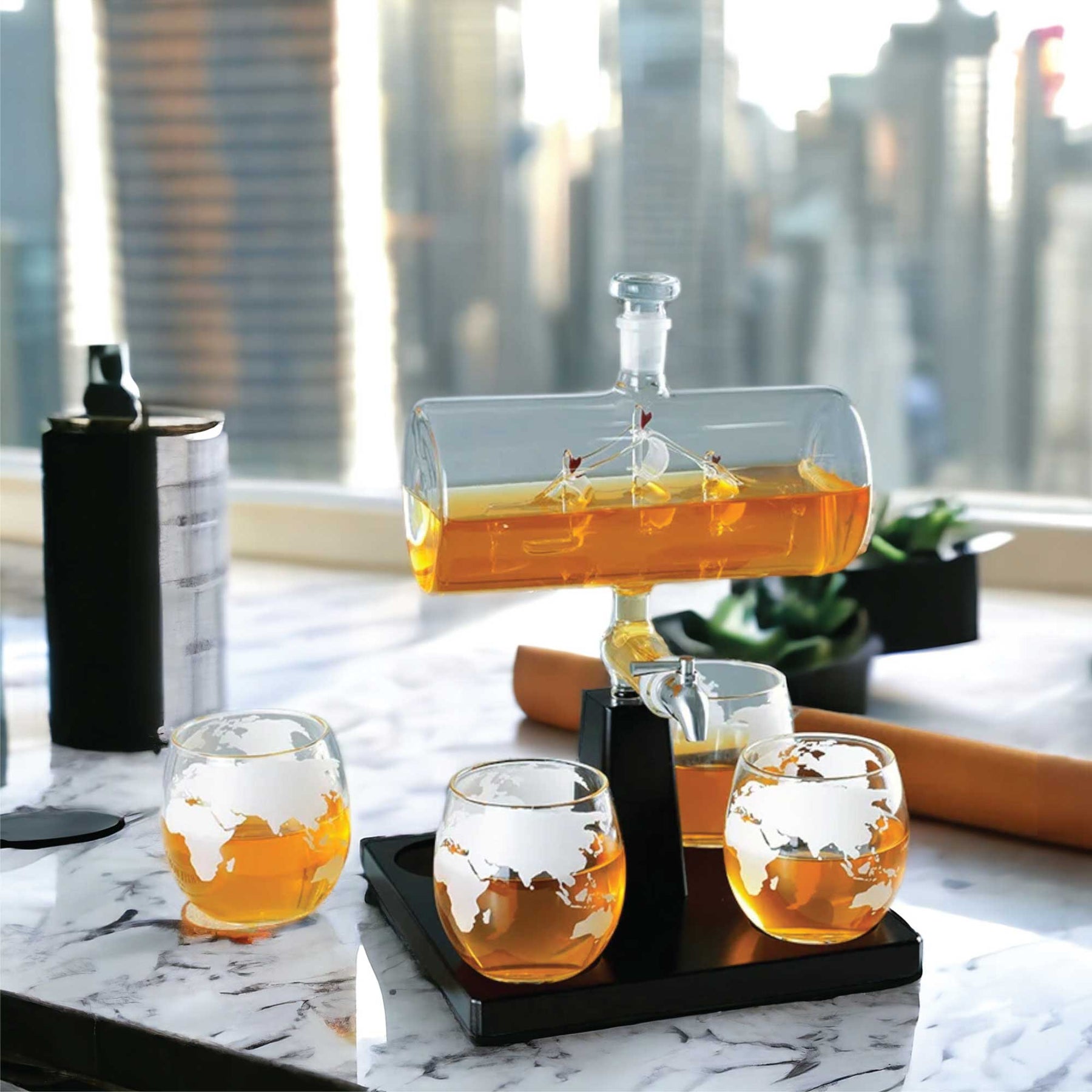 Premium Sailboat Glass Whiskey Decanter Set with 4 Globe Glasses - 1L