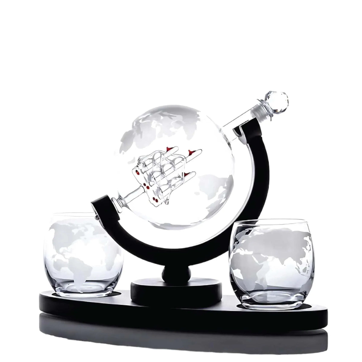 Whiskey Decanter Set 850ml - 2 Globe Glasses + Wooden Stand