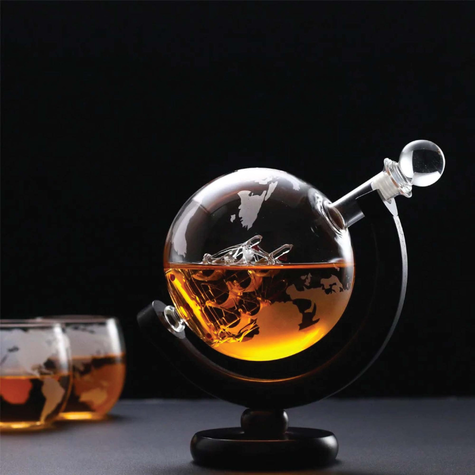 Whiskey Decanter Set 850ml - 2 Globe Glasses + Wooden Stand - SuperSaverAU - view 1