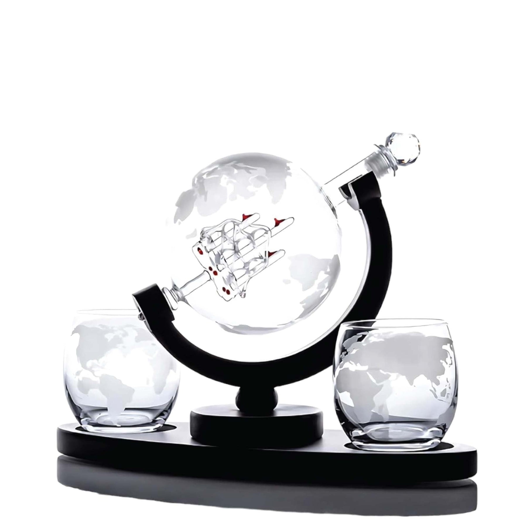 Whiskey Decanter Set 850ml - 2 Globe Glasses + Wooden Stand - SuperSaverAU - view 2