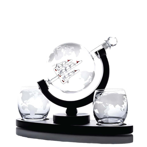 Whiskey Decanter Set 850ml - 2 Globe Glasses + Wooden Stand - SuperSaverAU - view 2