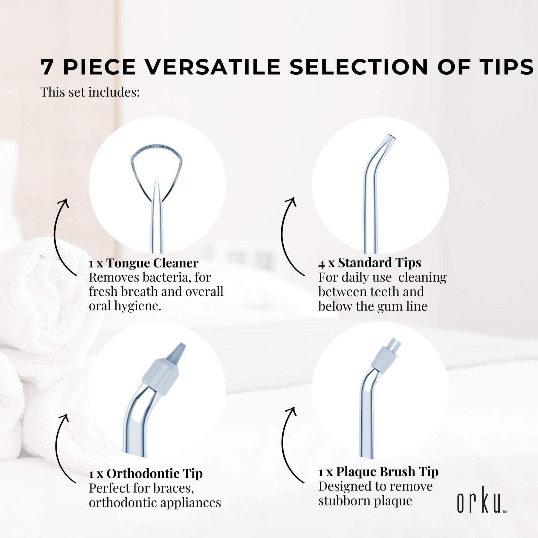 Orku 7 Dental Tips Replacement Nozzles for Water Flosser - Standard, Plaque, Orthodontic, Tongue Cleaner - SuperSaverAU - view 3