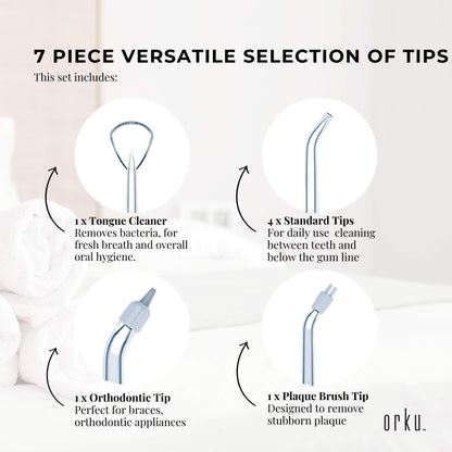 Orku 7 Dental Tips Replacement Nozzles for Water Flosser - Standard, Plaque, Orthodontic, Tongue Cleaner
