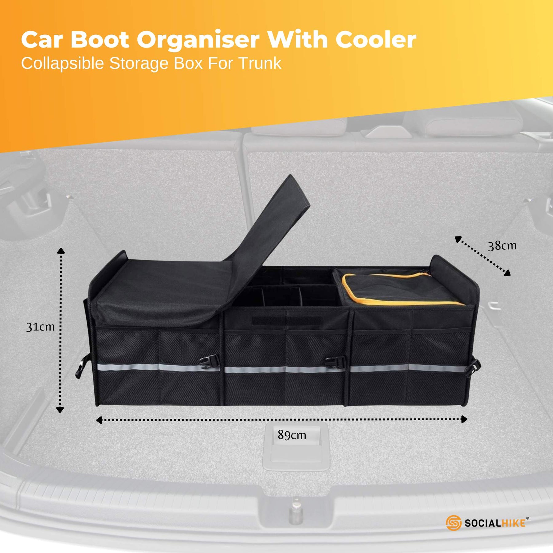 Car Boot Organiser with Cooler - 100L Capacity, Foldable, Black with Orange Trim - SuperSaverAU - view 2