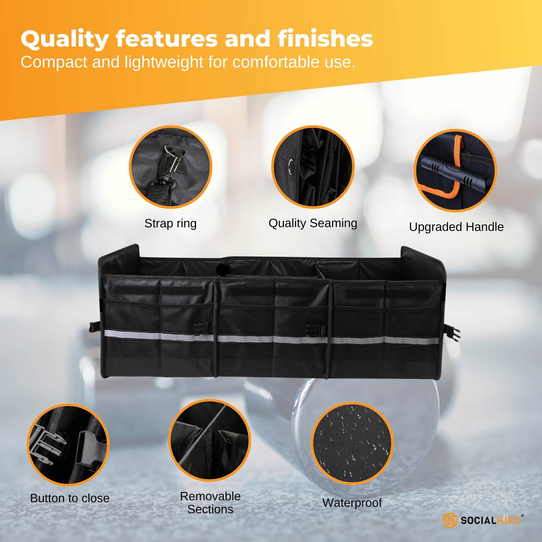 Car Boot Organiser with Cooler - 100L Capacity, Foldable, Black with Orange Trim - SuperSaverAU - view 5