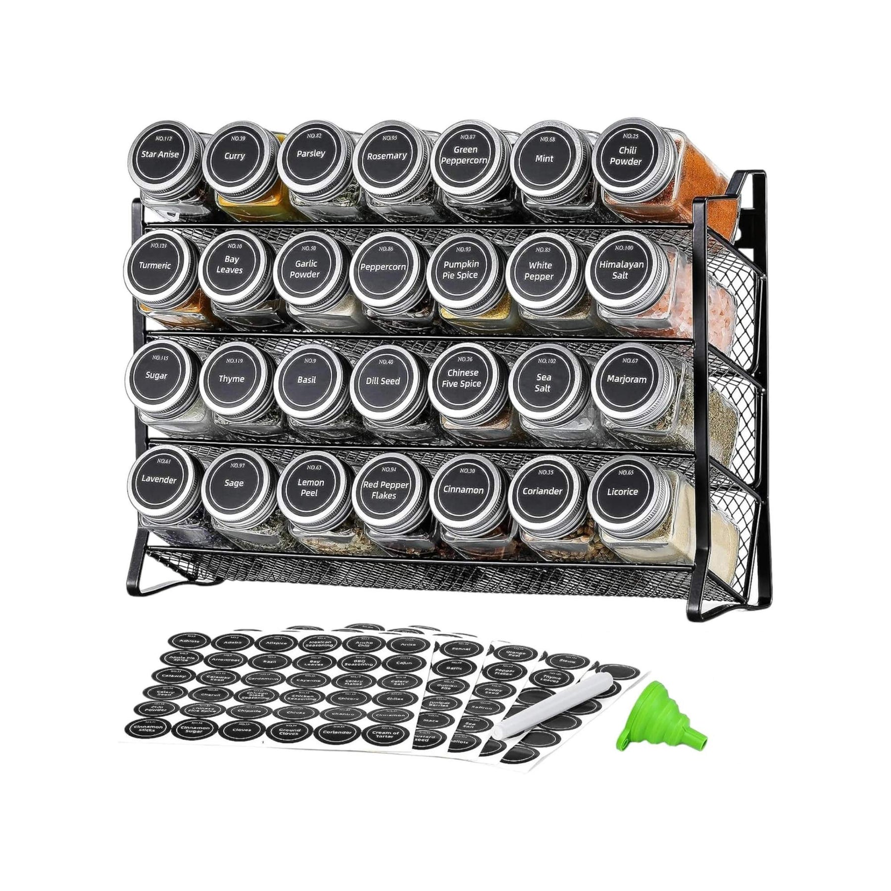 Kitchee 4-Tier Metal Spice Rack with 28 Glass Jars - Kitchen Organiser 35cm x 9.5cm x 23.5cm - SuperSaverAU - view 1