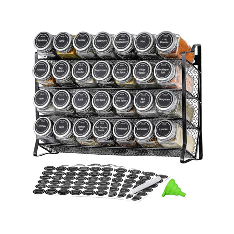 Kitchee 4-Tier Metal Spice Rack with 28 Glass Jars - Kitchen Organiser 35cm x 9.5cm x 23.5cm - SuperSaverAU - view 1