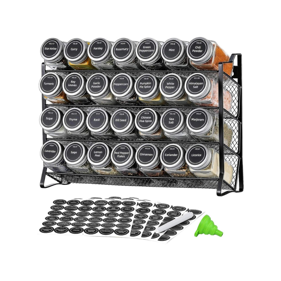 Kitchee 4-Tier Metal Spice Rack with 28 Glass Jars - Kitchen Organiser 35cm x 9.5cm x 23.5cm - SuperSaverAU - view 1